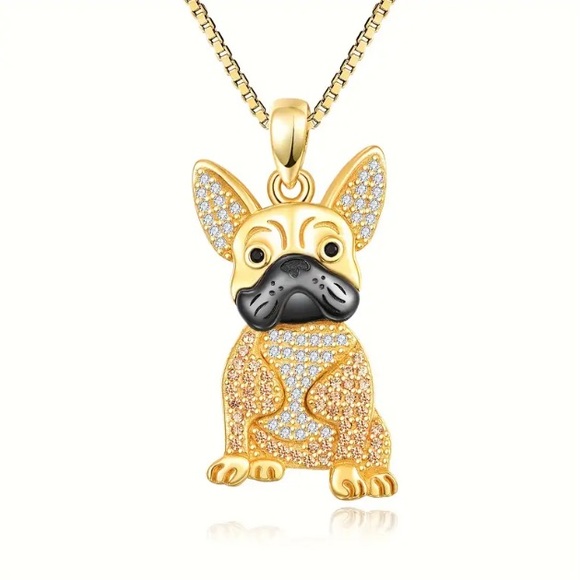 Gold Plated Rhinestone The Dog Series French Bulldog Frenchie Pendant Necklace - Picture 1 of 2